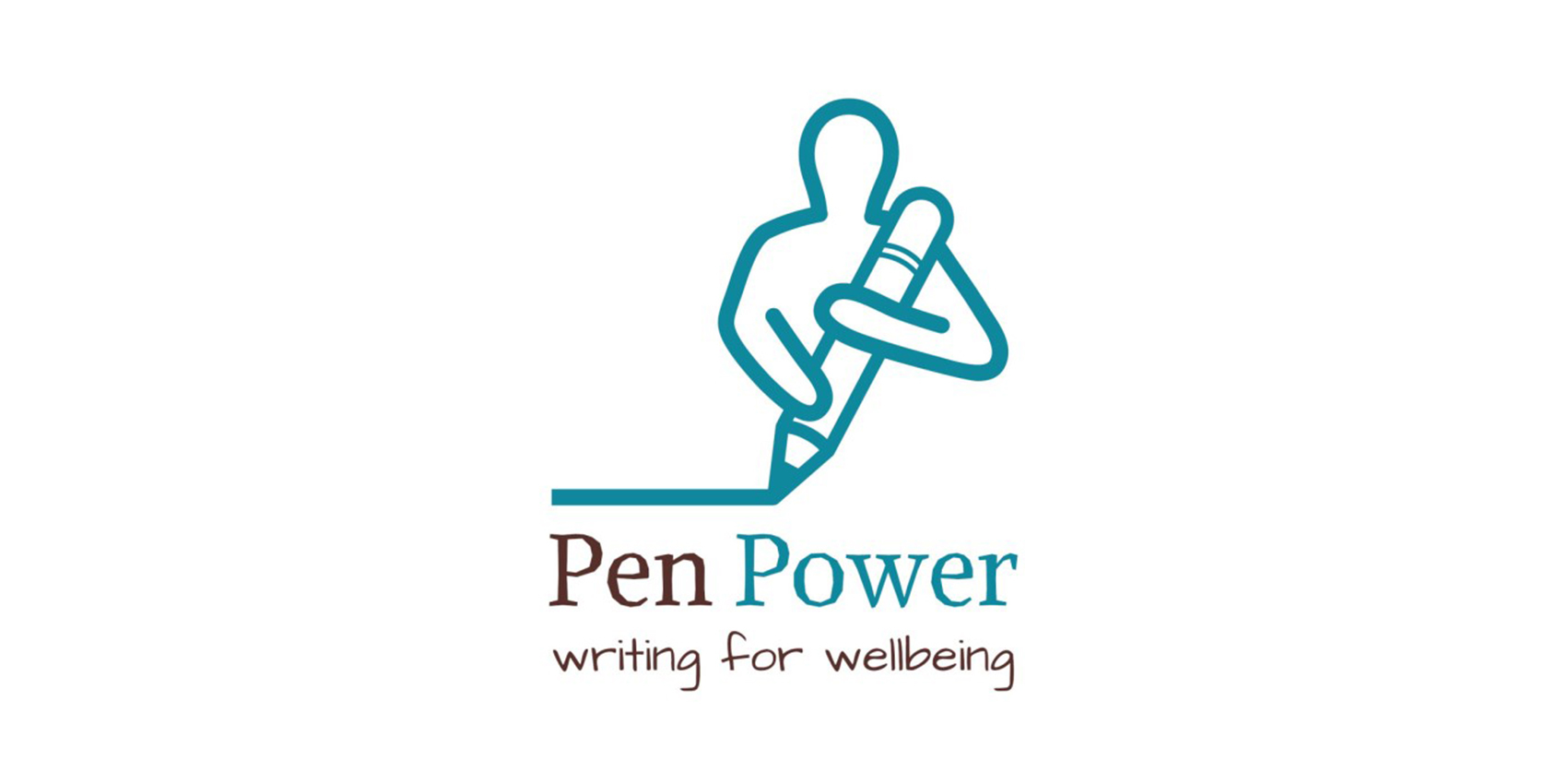 Logo showing a stick figure holding a giant pencil and drawing a line. The words "Pen Power writing for wellbeing" appear underneath.