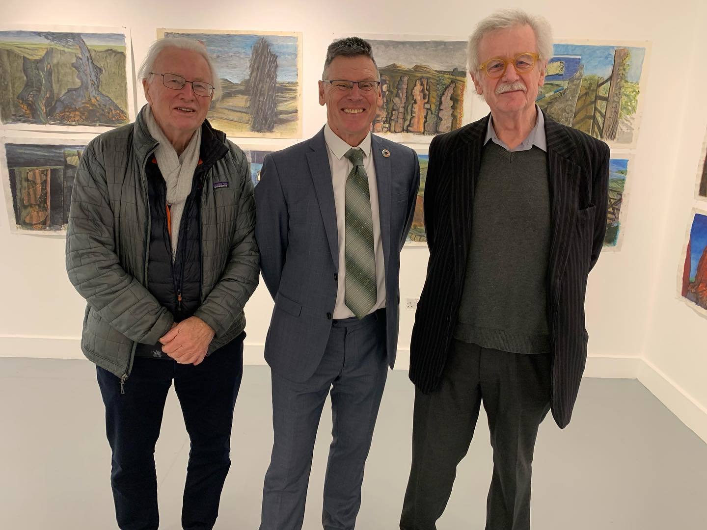 I McKeever with Professor P Gough and Professor Sir C Frayling at a celebration event at TheGallery at Arts University Bournemouth.