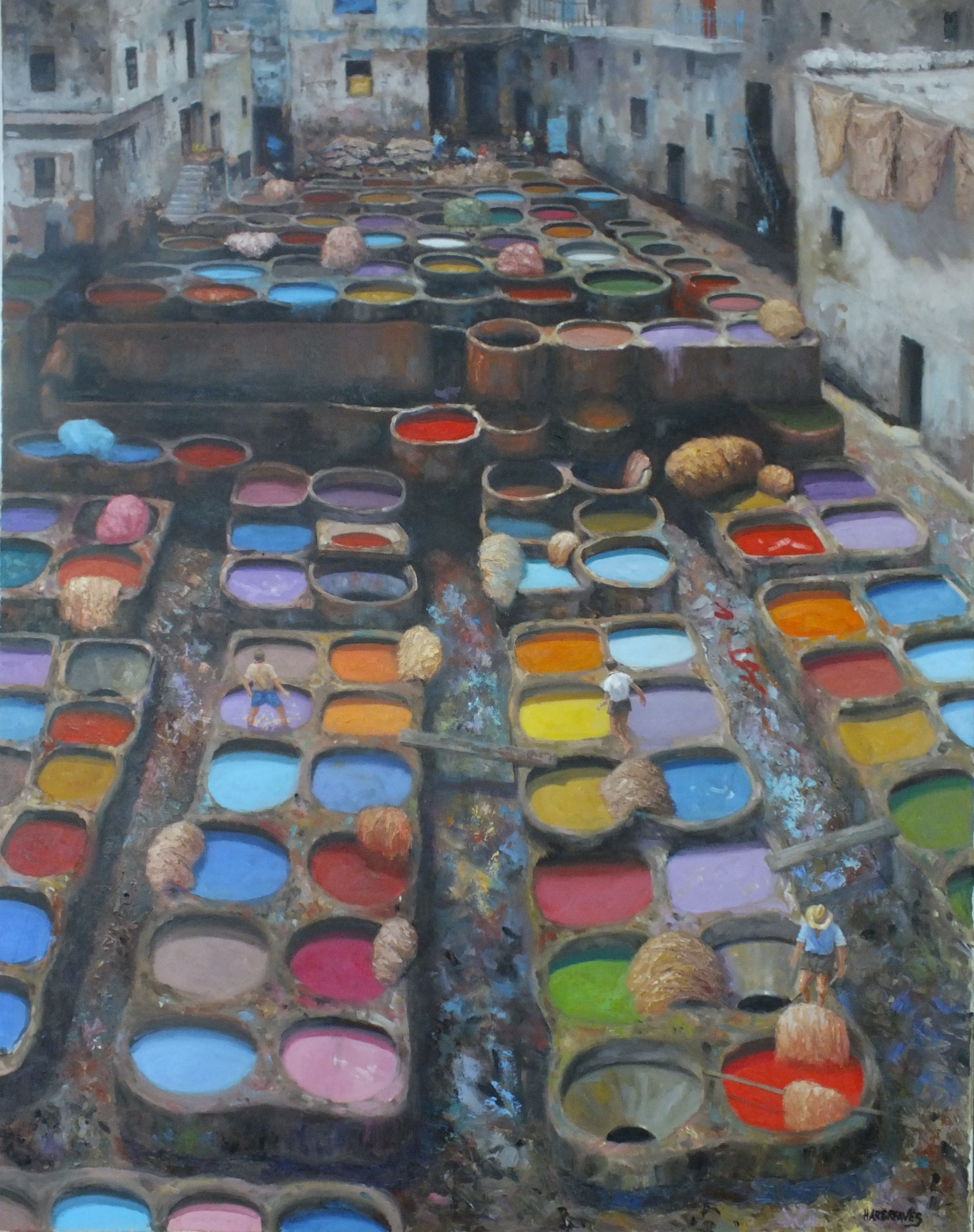 Illustration of a Moroccan tannery – vats of colourful dyes lined up in rows. People stand by the edge of some of the vats.