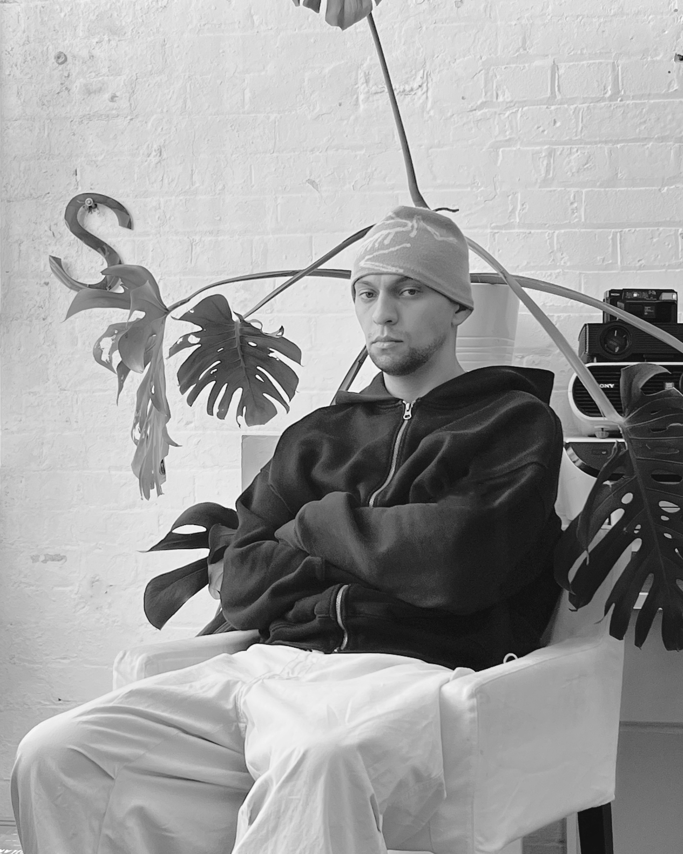 Black and white portrait of a man sitting in a small armchair with his arms crossed, looking towards the camera, several palm fronds behind him.