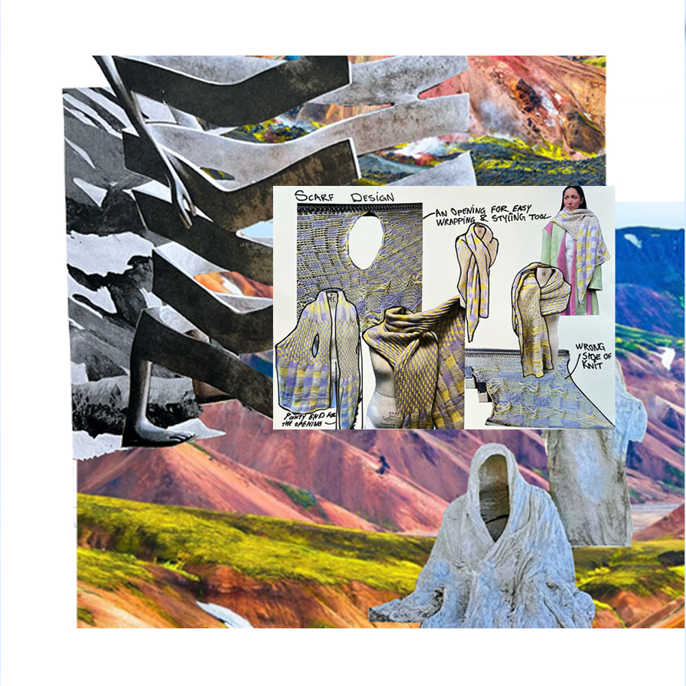 Mixed media collage with torn black and white elements, comic book panels, and colourful landscape imagery in pink, green, and blue tones.