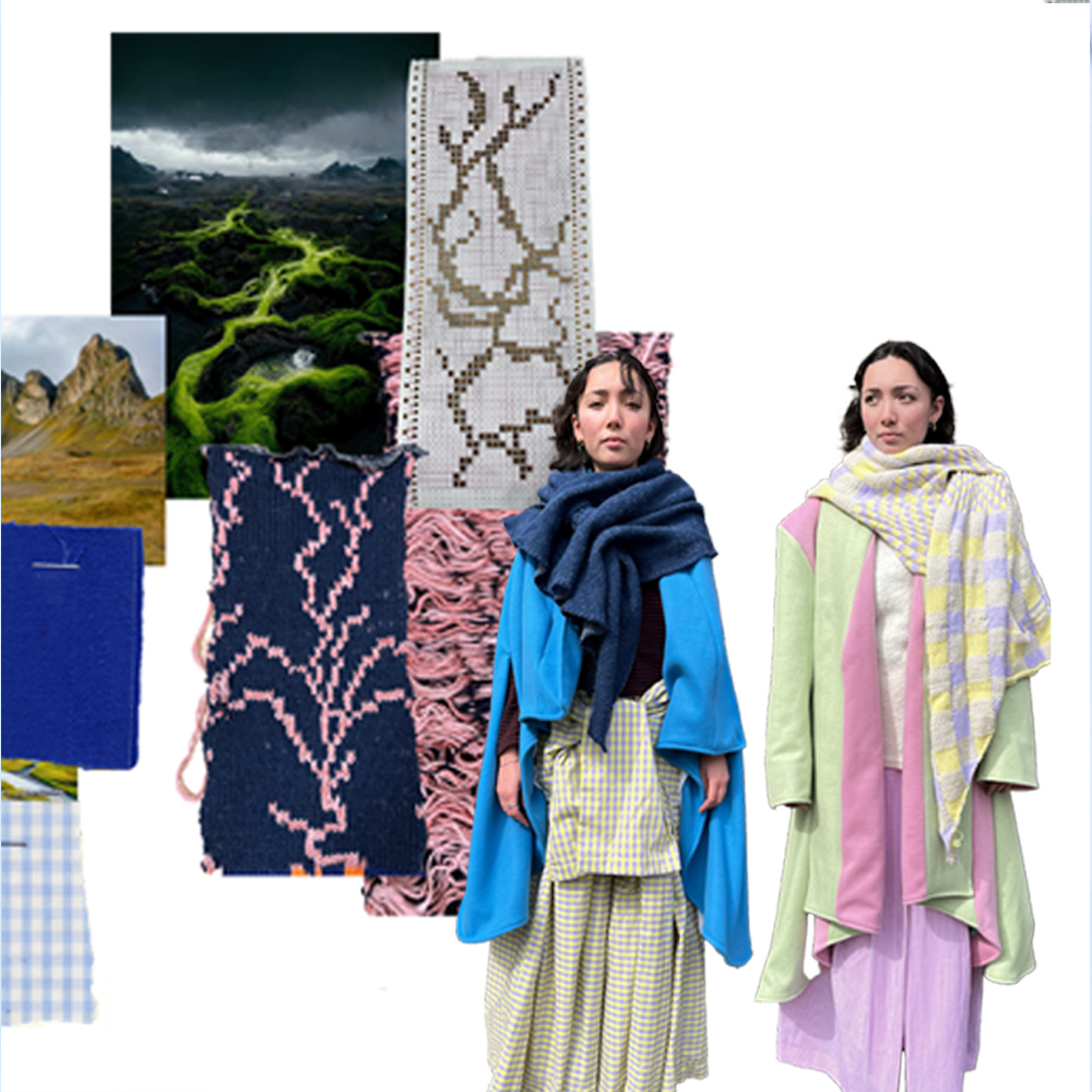 Two women in layered clothing with textile samples and landscape images arranged in collage composition on white background.