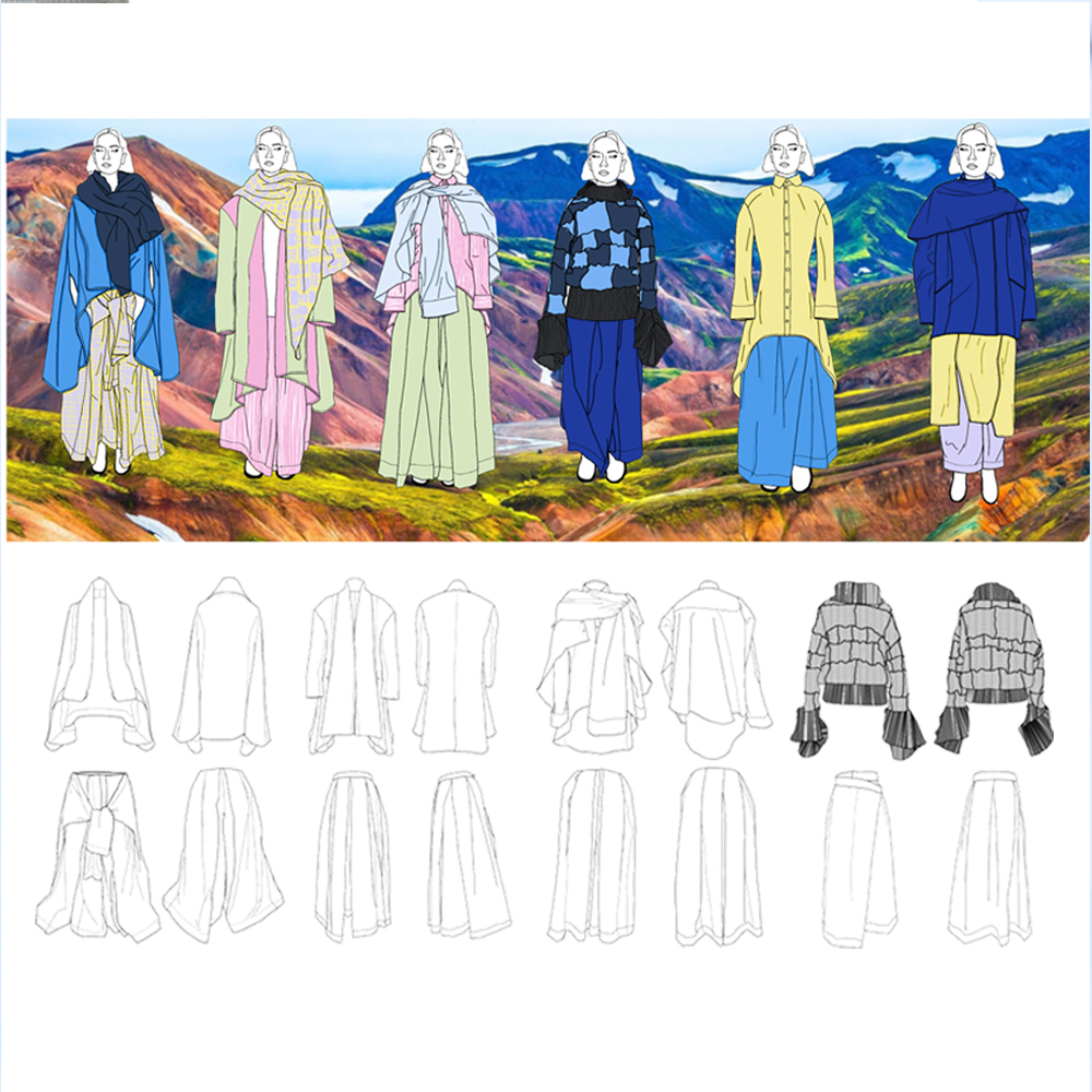 Fashion design illustration showing six figures in coloured robes against mountain landscape, with technical line drawings below.