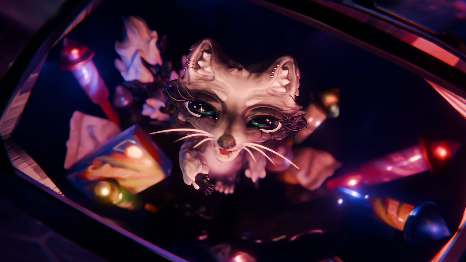 Digital illustration of a cat-like face with purple and pink tones, surrounded by geometric shapes and glowing orbs in blue, orange, and magenta.