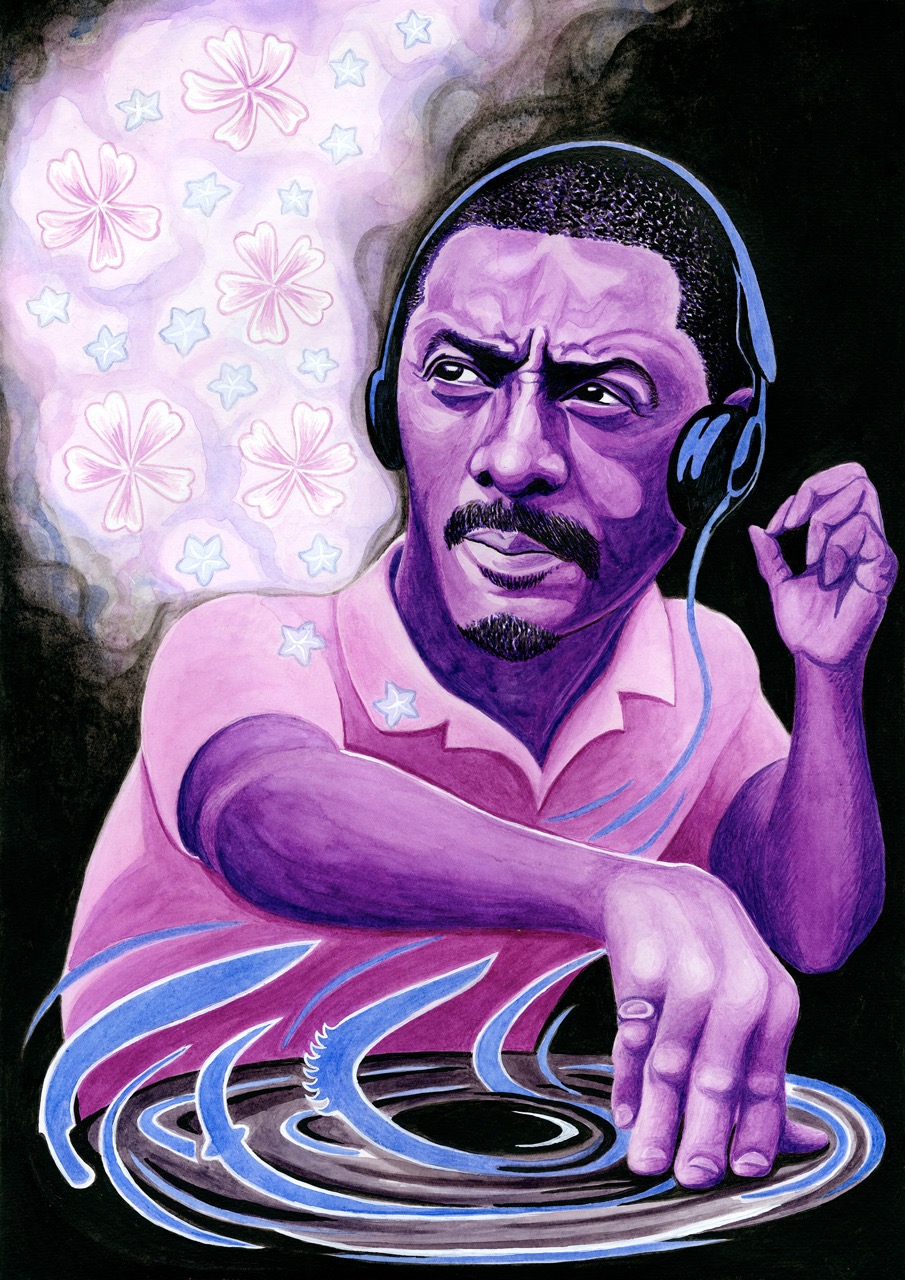 A purple-toned portrait of a man wearing headphones and mixing on a turntable, with floral shapes and stars in the background.