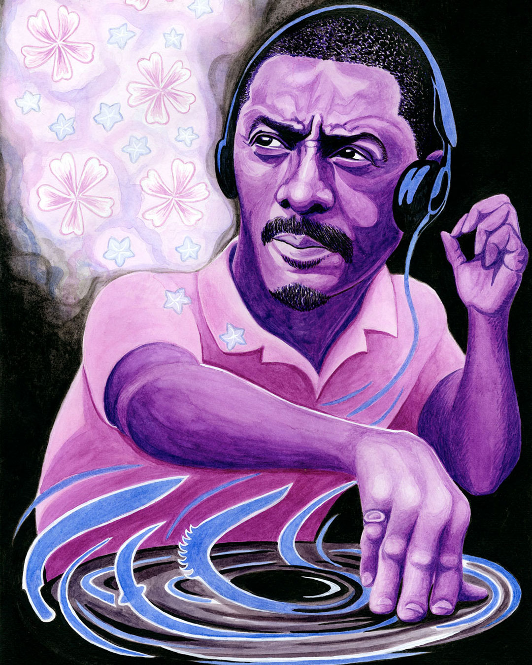 A purple-toned illustration of a DJ wearing headphones and a pink shirt, shown at a turntable with abstract floral shapes in the background.