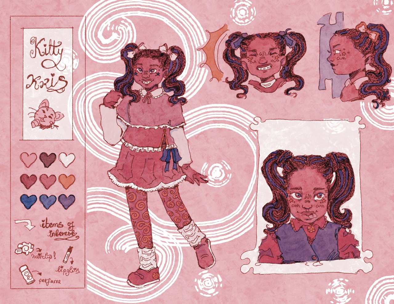 An illustrated character named Kitty with dark skin and styled hair in pigtails. She wears a pink outfit with a frilly skirt and patterned tights. The image includes several facial expressions, a colour palette, and notes about her interests.