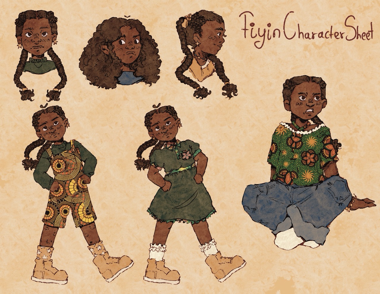 A character design sheet featuring a young girl named Fiyin in various poses and outfits. The sheet shows her with different hairstyles, including braids and curly hair, and clothing styles, such as a green dress and patterned top, along with diverse footwear.
