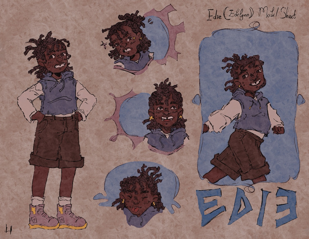 A character model sheet for "Edie," featuring multiple illustrations of a girl with dark skin and braided hair in various poses. She wears a blue sweater, brown shorts, and white sneakers. The background includes decorative elements with her name and sketches of her facial expressions.