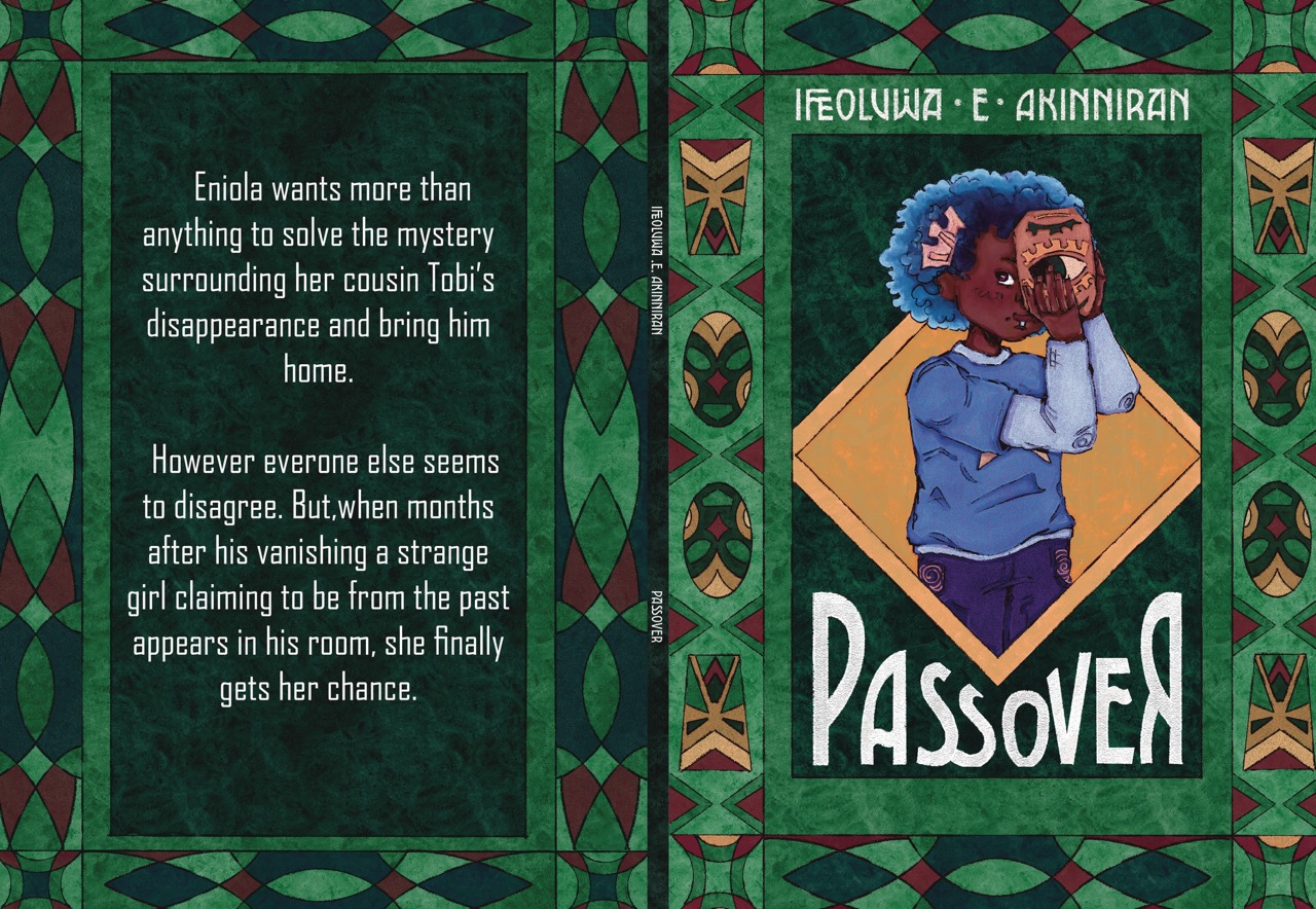 The cover of a book titled "Passover" by E. Akinniran features a young girl with blue curly hair holding a boy's face gently, both looking at each other. The background is green with intricate geometric patterns framing the scene.