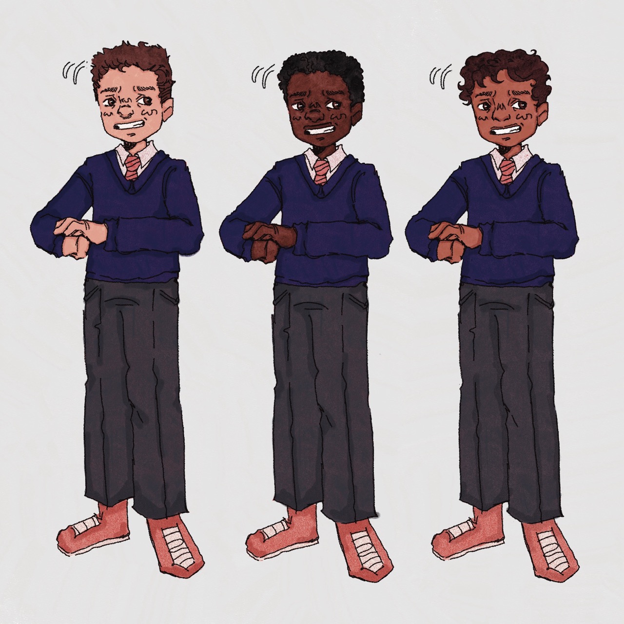 Three cartoon boys standing with their arms crossed. The boy on the left has light brown hair, the middle boy has black hair, and the boy on the right has curly brown hair. All are wearing navy blue jumpers and school trousers.