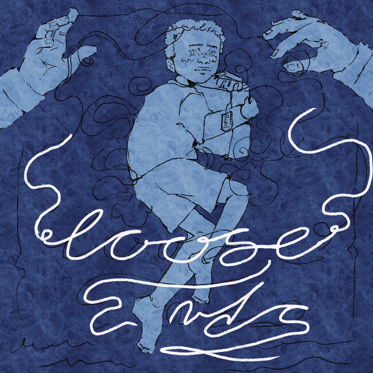 An illustration featuring a child wearing a blue outfit, floating amidst swirling lines and hands reaching out. The background is a deep blue with white text that reads "loose ends" integrated into the design.