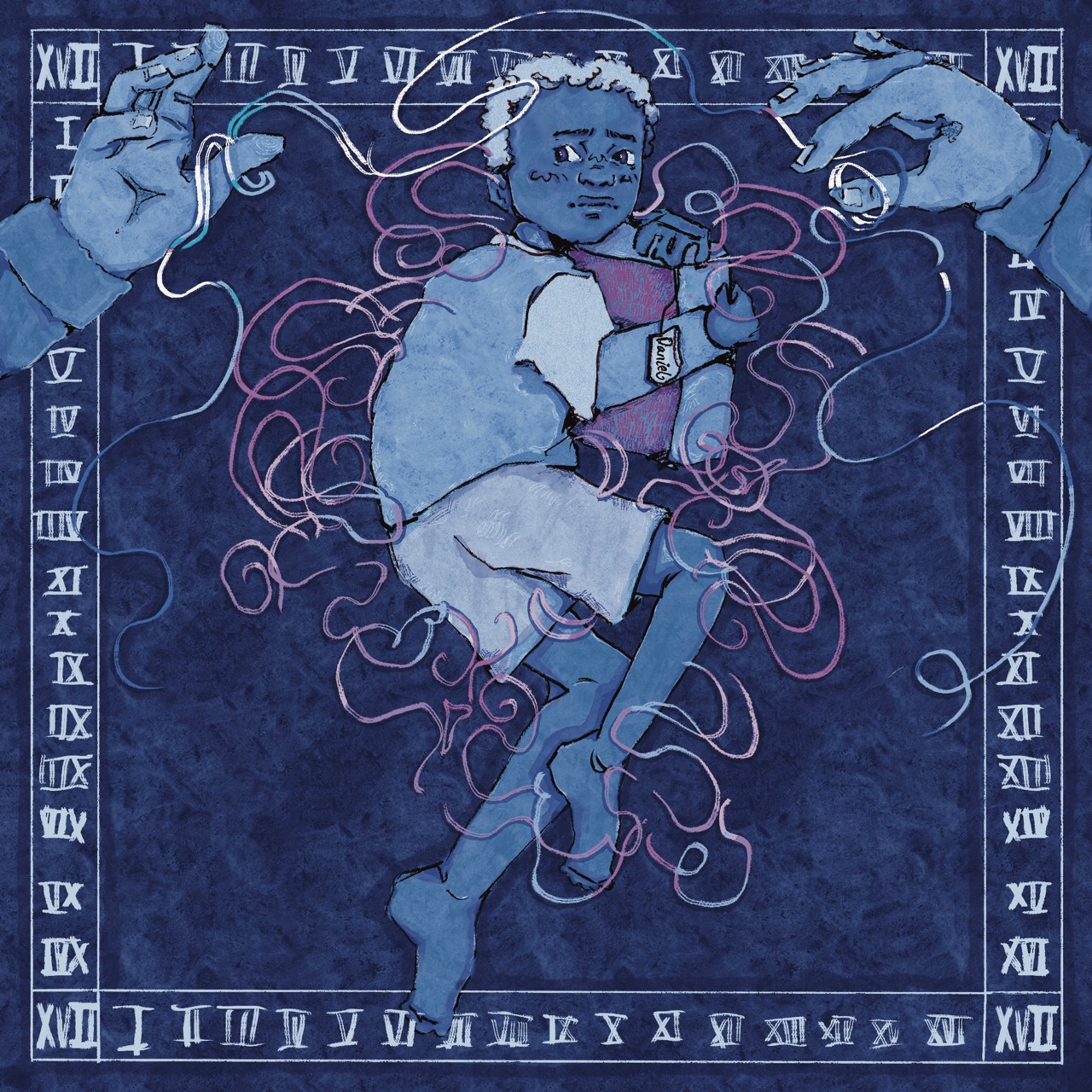 An illustrated figure of a young person in a white outfit surrounded by swirling lines on a dark blue background. Two hands are positioned at the top, one holding a thread, the other a small object, with decorative numbers framing the image.