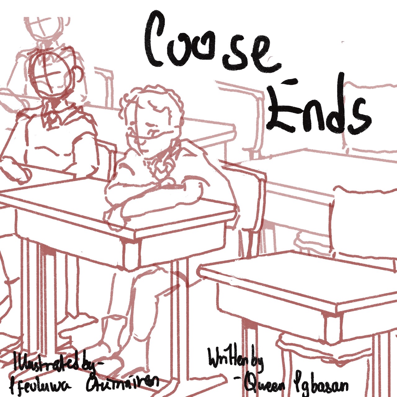 A comic cover titled 'Loose Ends' features two students seated at desks in a classroom. One, a boy with curly hair, appears to be drawing, while another, wearing glasses, looks thoughtful. The background includes simple outlines of desks and chairs.