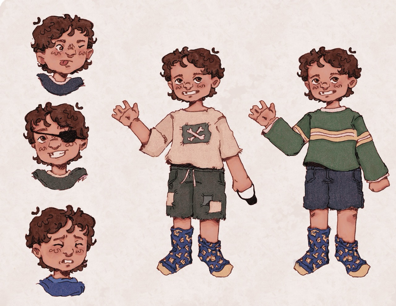 A collection of character sketches depicting a young boy with curly brown hair. The sketches show four different facial expressions and outfits, including a t-shirt with a star, shorts, and patterned socks. Two variations include him waving.