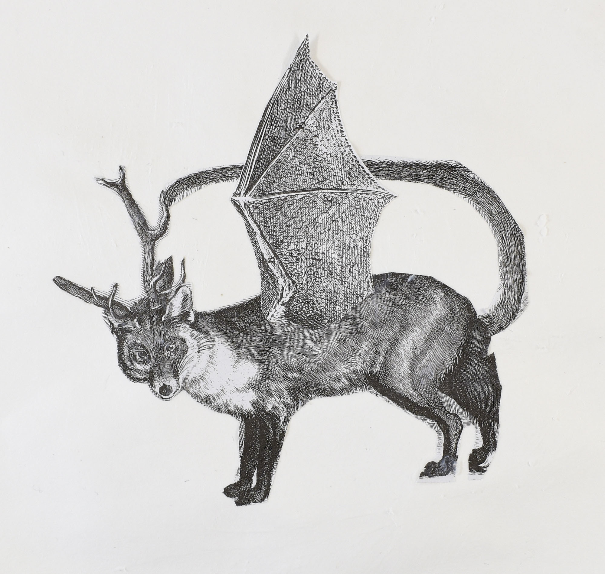 Student pencil drawing of a fox with antlers and bat wings