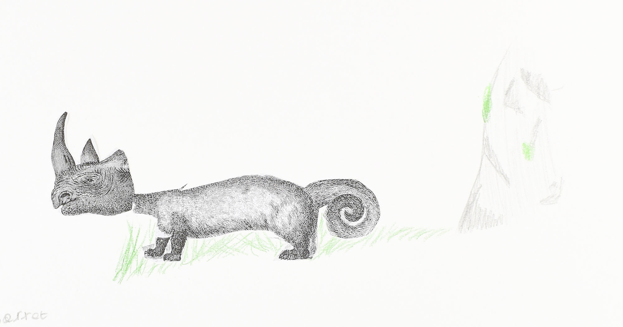A student pencil drawing of a creature with a rhino head and ferret body on a green grass landscape