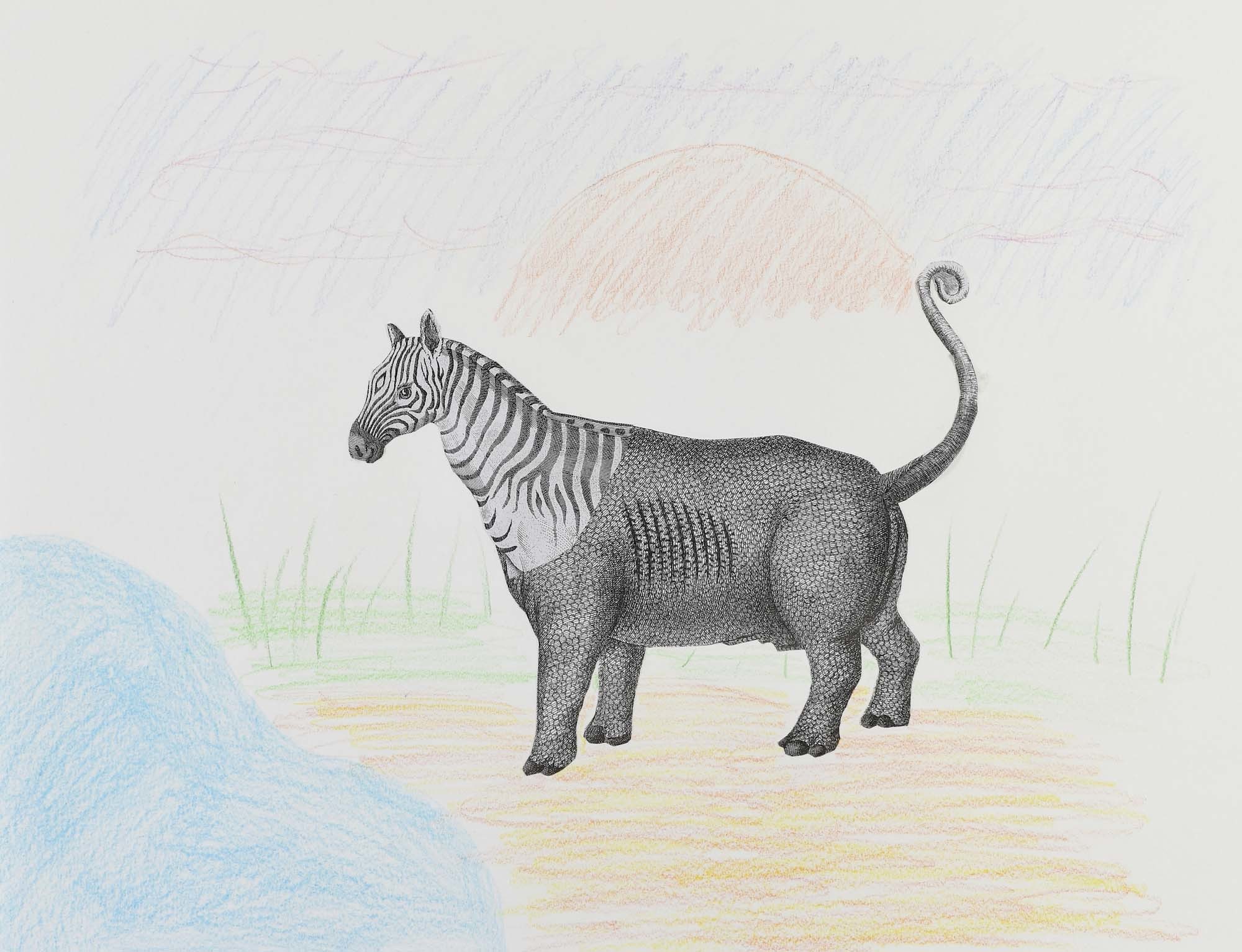 Student pencil drawing of a creature with a Zebra head and a Rhino body