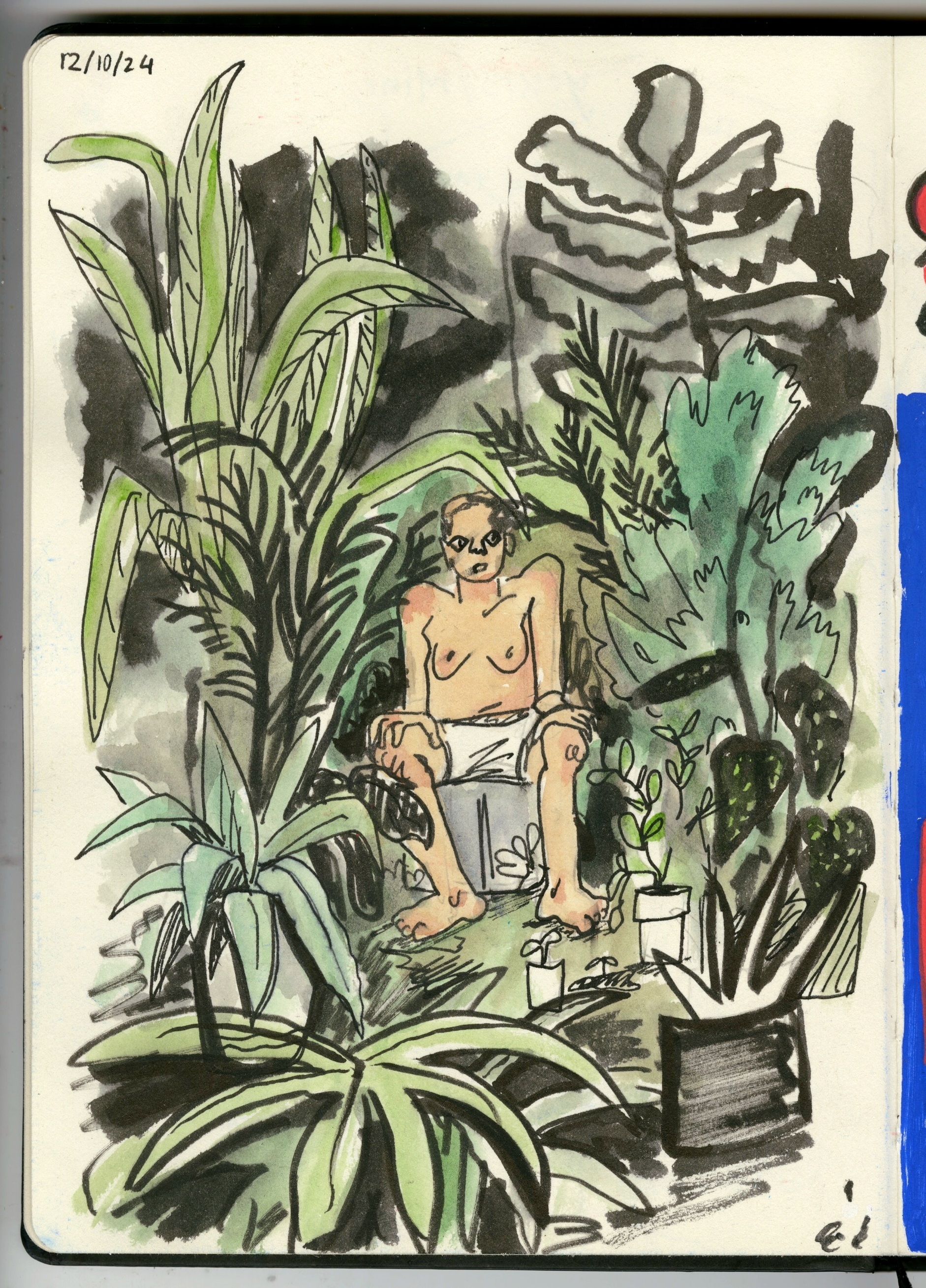 Notebook illustration of a shirtless person in a dense, tropical undergrowth, earthy colour palette.