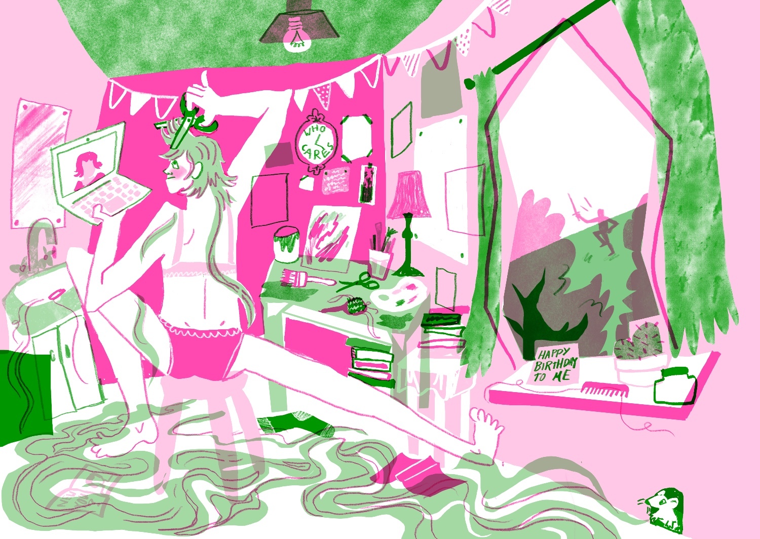 Illustration of bright pink and green interior with a person, bunting, desk area, and curved flowing floor pattern in watercolour style.