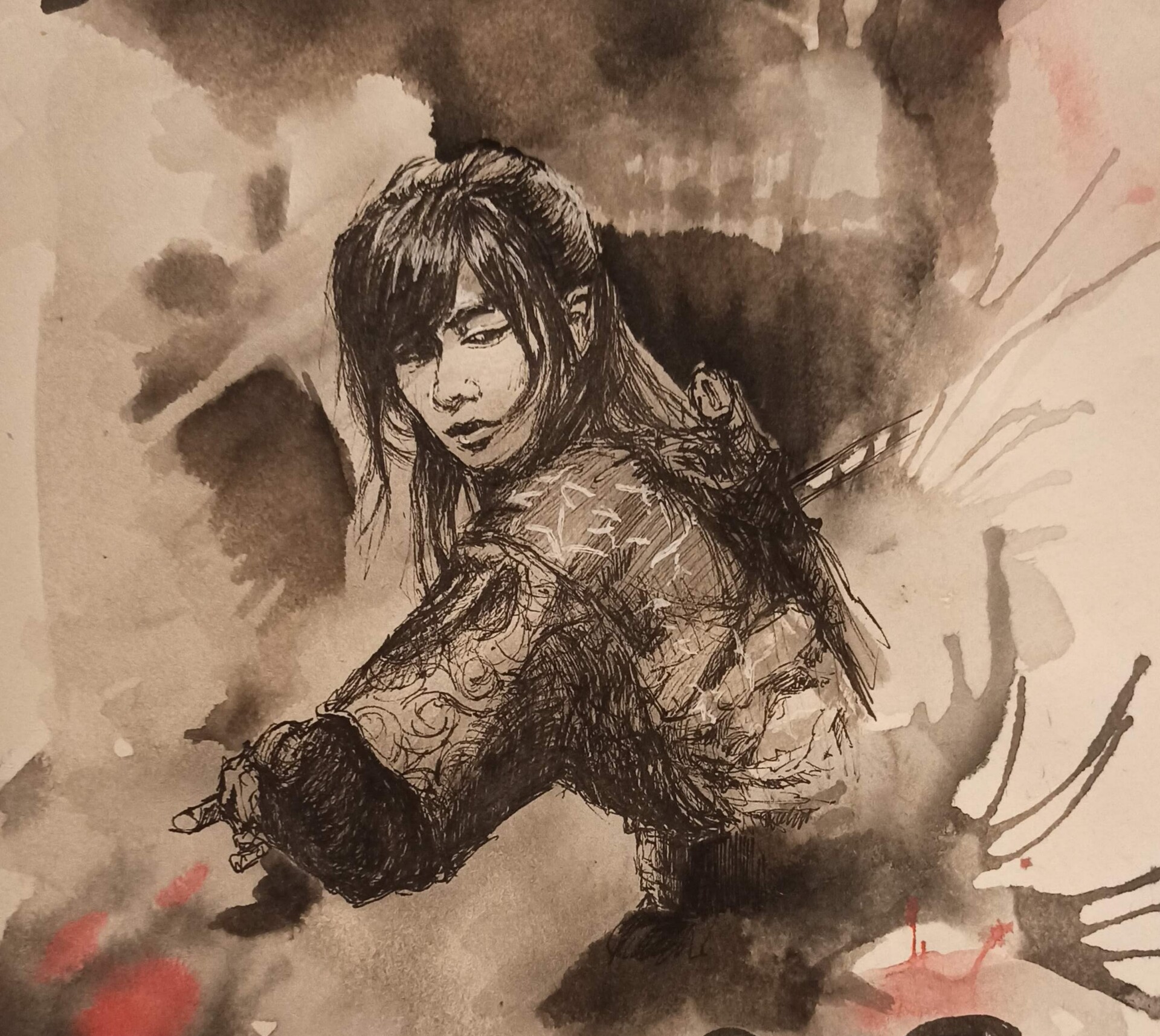 Sketch illustration of an asian character with long hair, ink on cream paper.