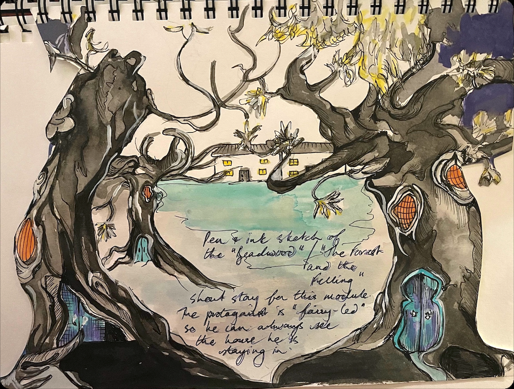 Illustrated, twisted trees and background houses in pen and watercolour featuring cursive writing.