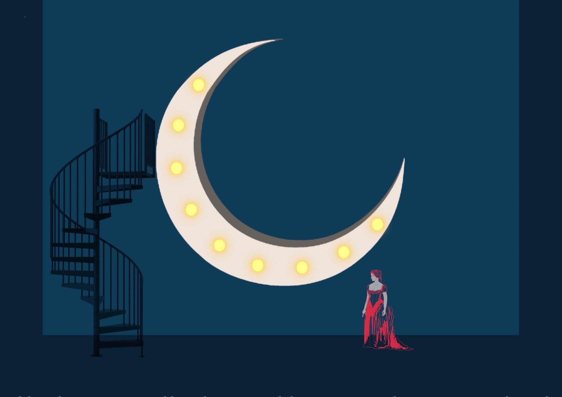 Graphic image of lady standing under a large crescent moon with yellow spots inside it. A small spiral staircase stands on the left.