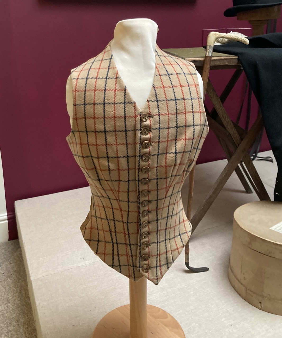 Edwardian riding waistcoat on display at Blandford Fashion Museum in Our Sporting Heritage.