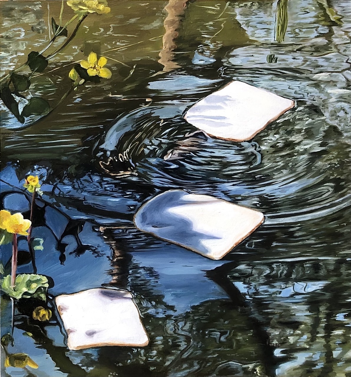 Painting of pieces of bread on rippling water.
