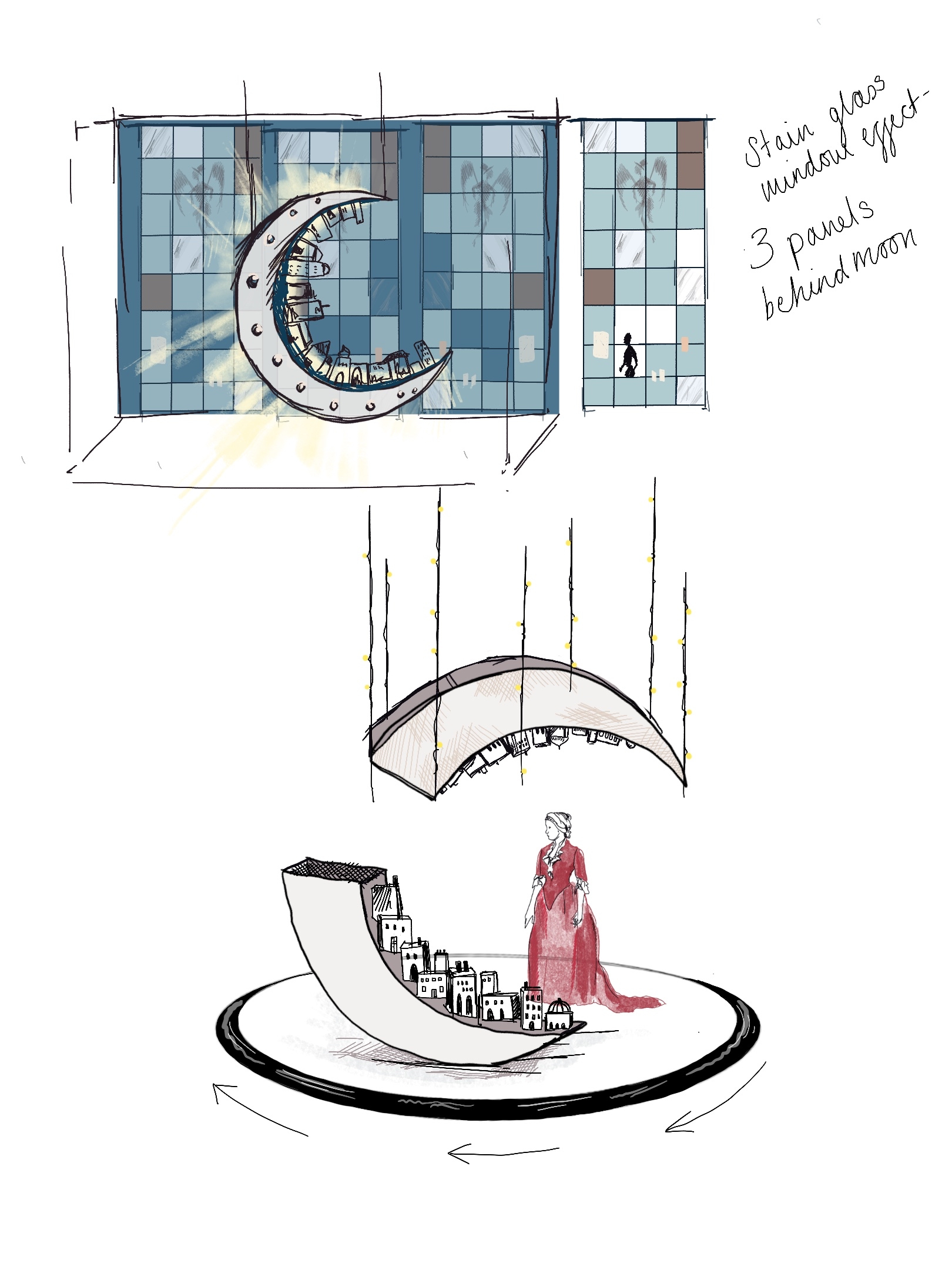 Illustration of a stained glass window with a crescent moon-like object and a little town built on it. The crescent with the town is then drawn again in two pieces with a human figure next to it.