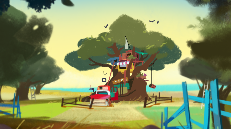 Animated still of a large tree with a treehouse built into it.