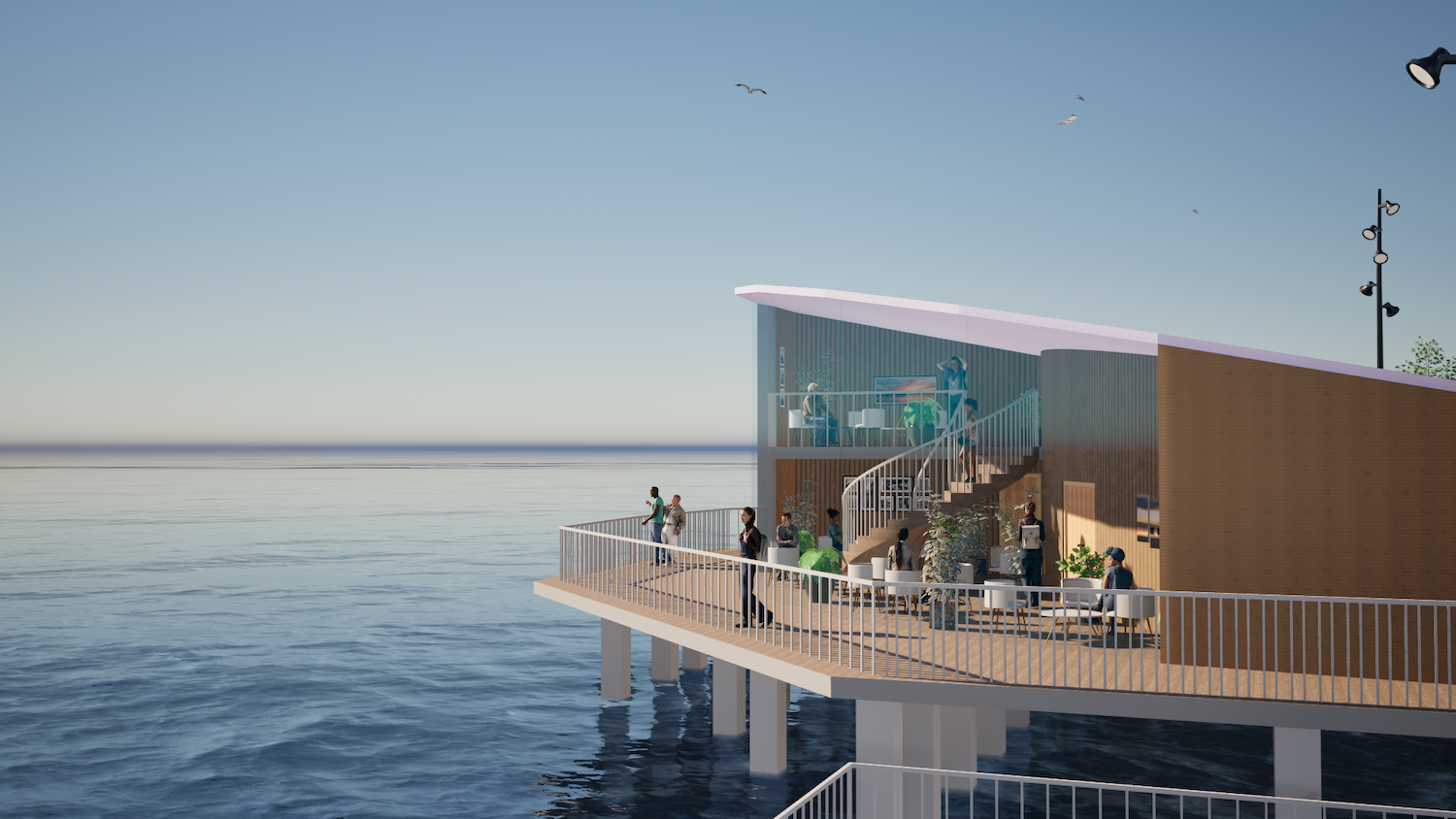 Modern waterfront building with glass and wood sections extending over calm blue water, people on terraced deck levels
