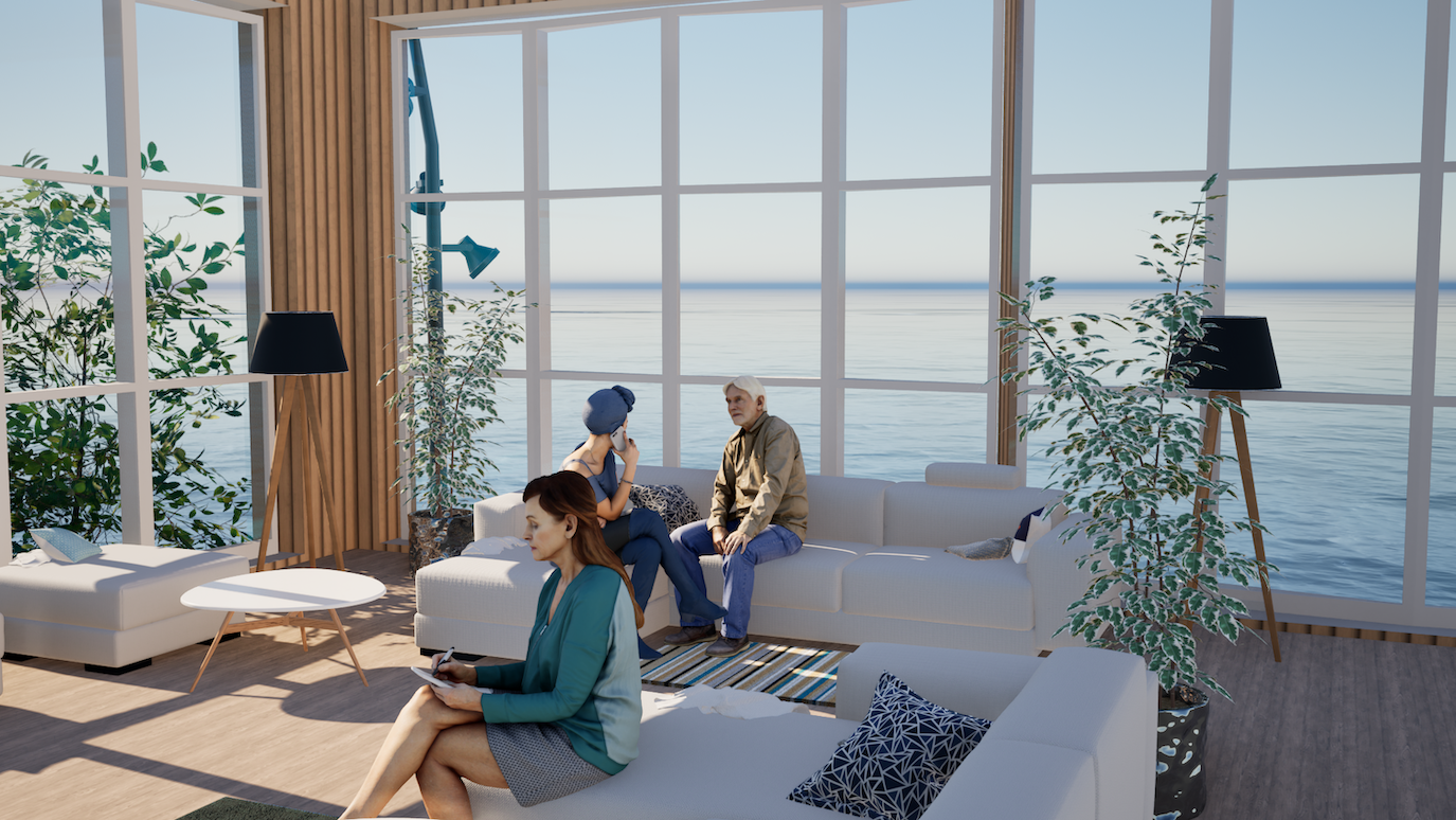 Illustration of modern living room with white furniture, large windows showing ocean view, three people sitting, green plants, wooden elements