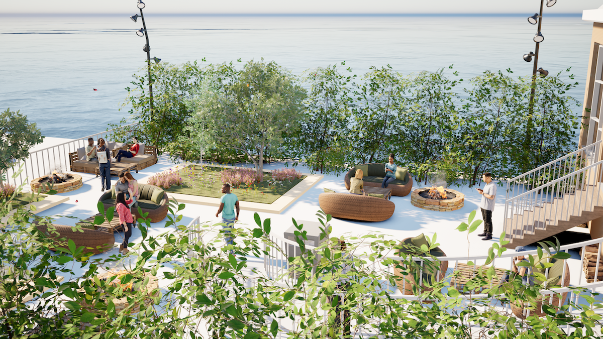 Waterfront terrace with people, circular planters, green vegetation, white railings, and water view in background