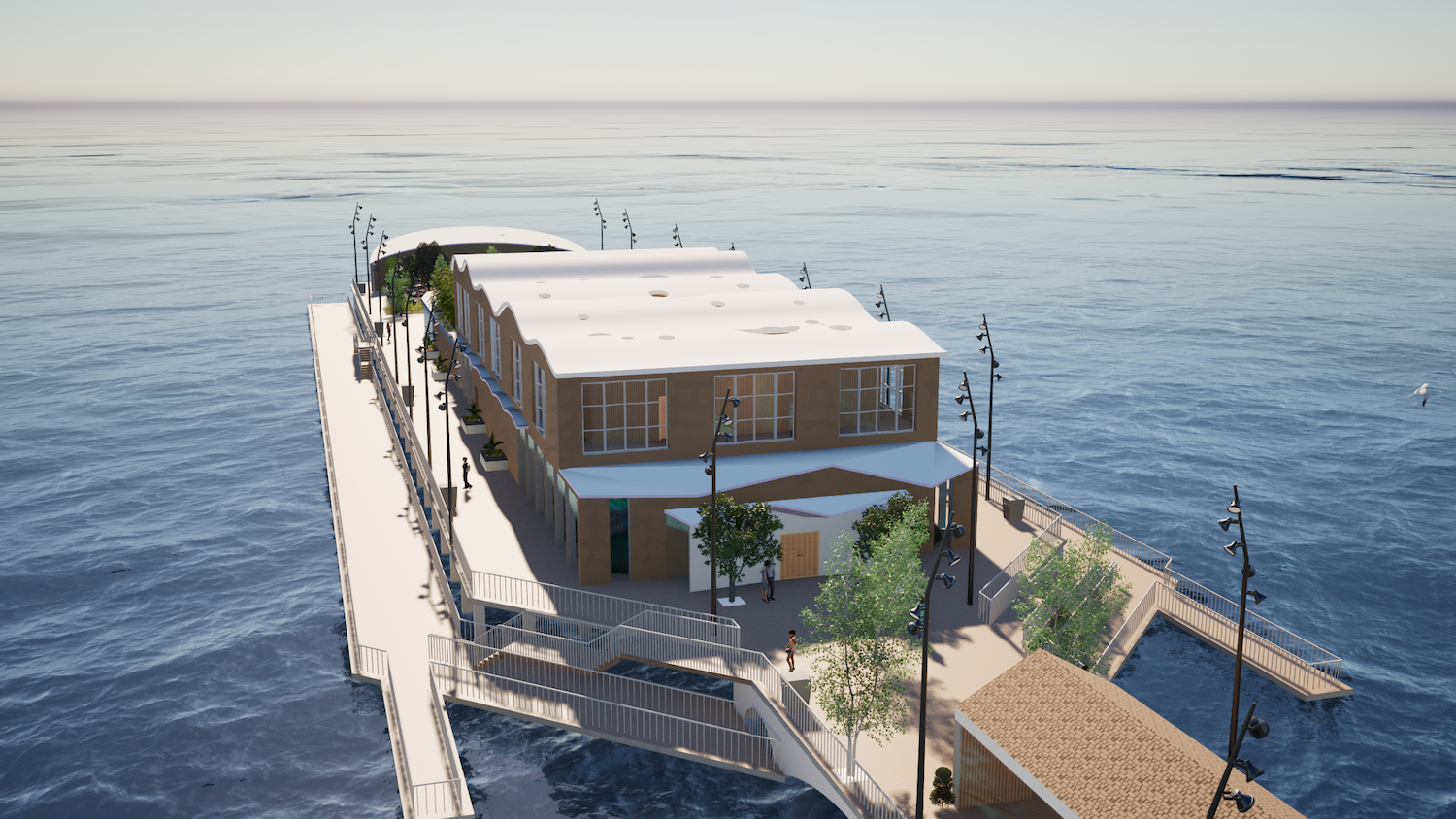 Modern two-storey building with flat roof on wooden pier extending into calm blue water, surrounded by railings and small boats