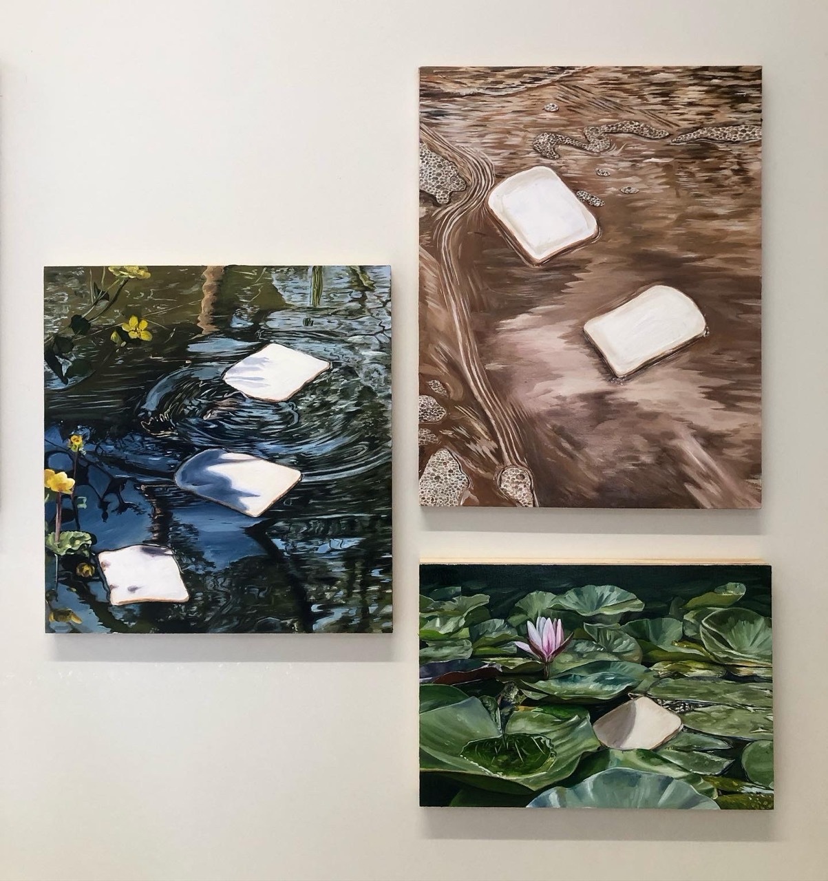 Multiple paintings of white bread slices in water.