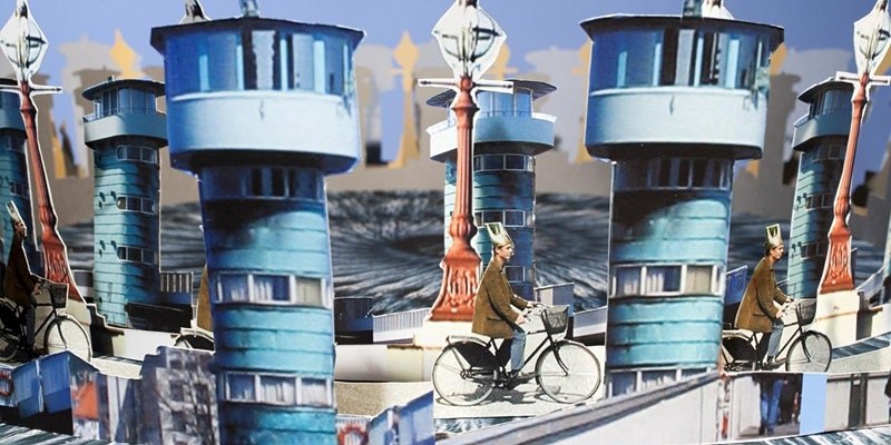 Repeated illustrations of a person on a bike with blue towers surrounding.