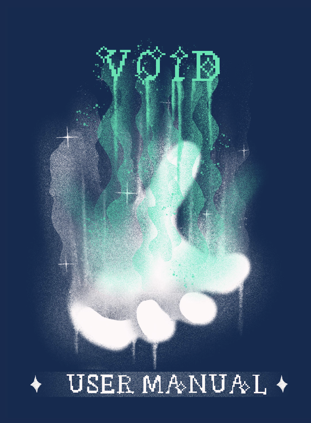 Digital illustration with dark blue background, glowing green and white hand silhouette, pixelated "VOID" text above, "USER MANUAL" below with star decorations.