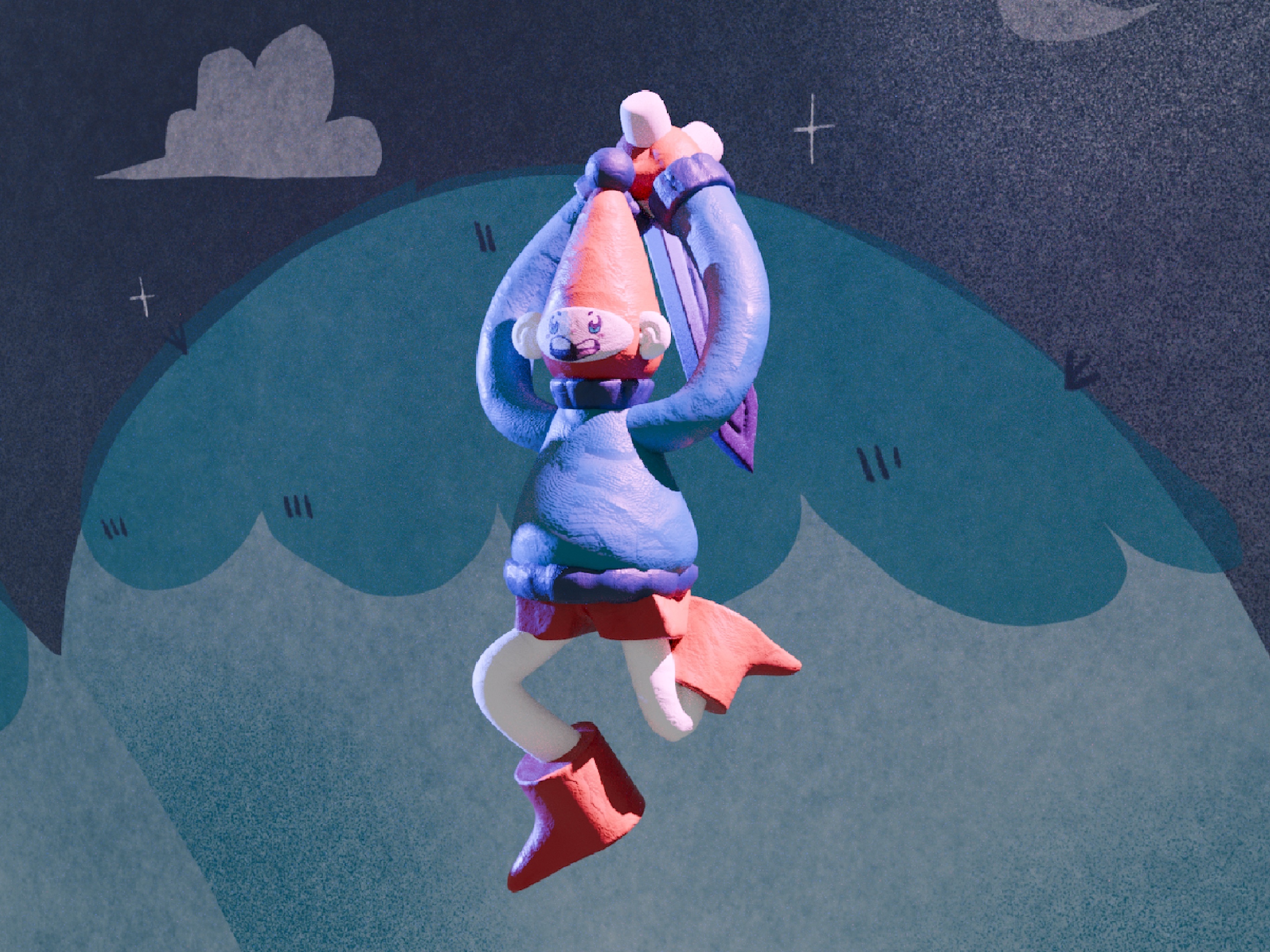 Digital illustration of white winged figure with pink and red accents flying against dark blue starry sky with grey clouds below.