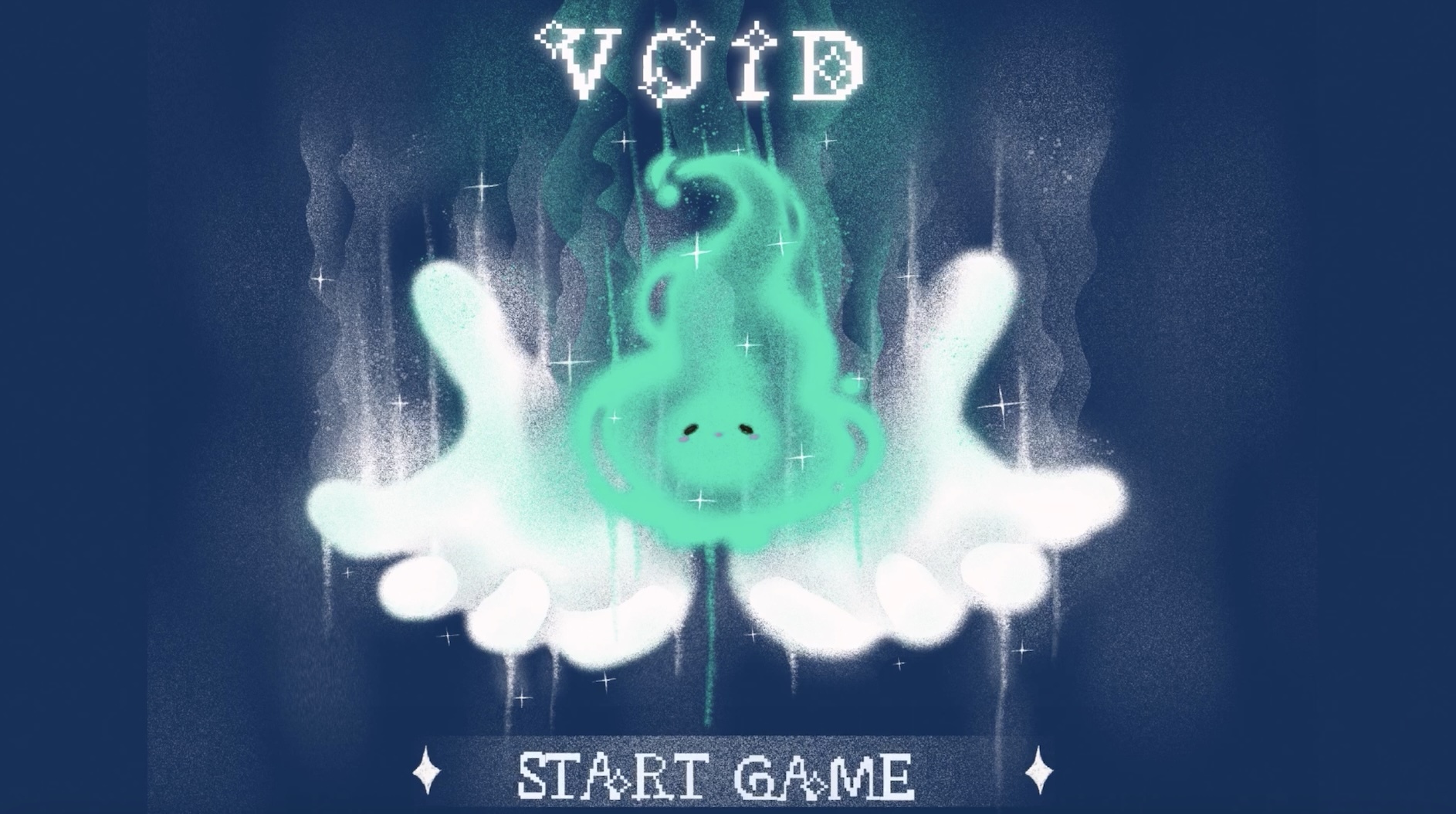 Digital illustration with dark blue background. White pixelated text "VOID" at top. Centre shows bright green swirling form above white wing-like shapes. "START GAME" text below with star symbols.