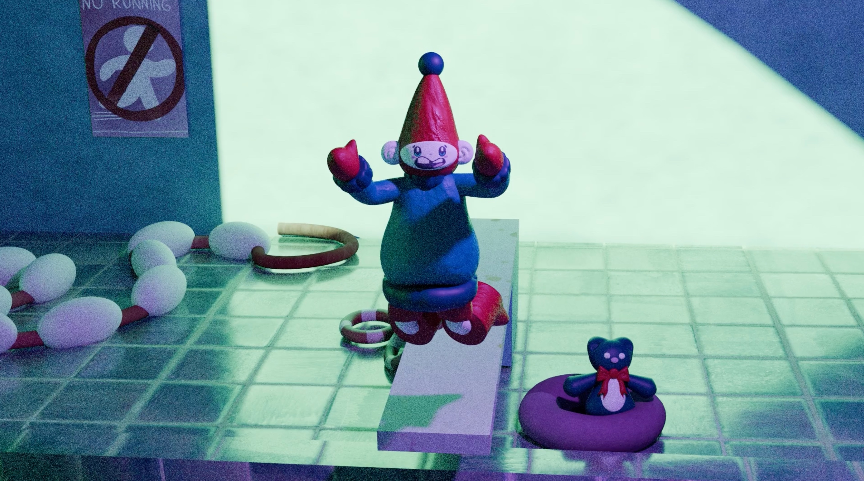 Blue-clad clown figure with pink hat stands arms raised on tiled floor. White balloons, small bear on purple disc, and prohibition sign visible.
