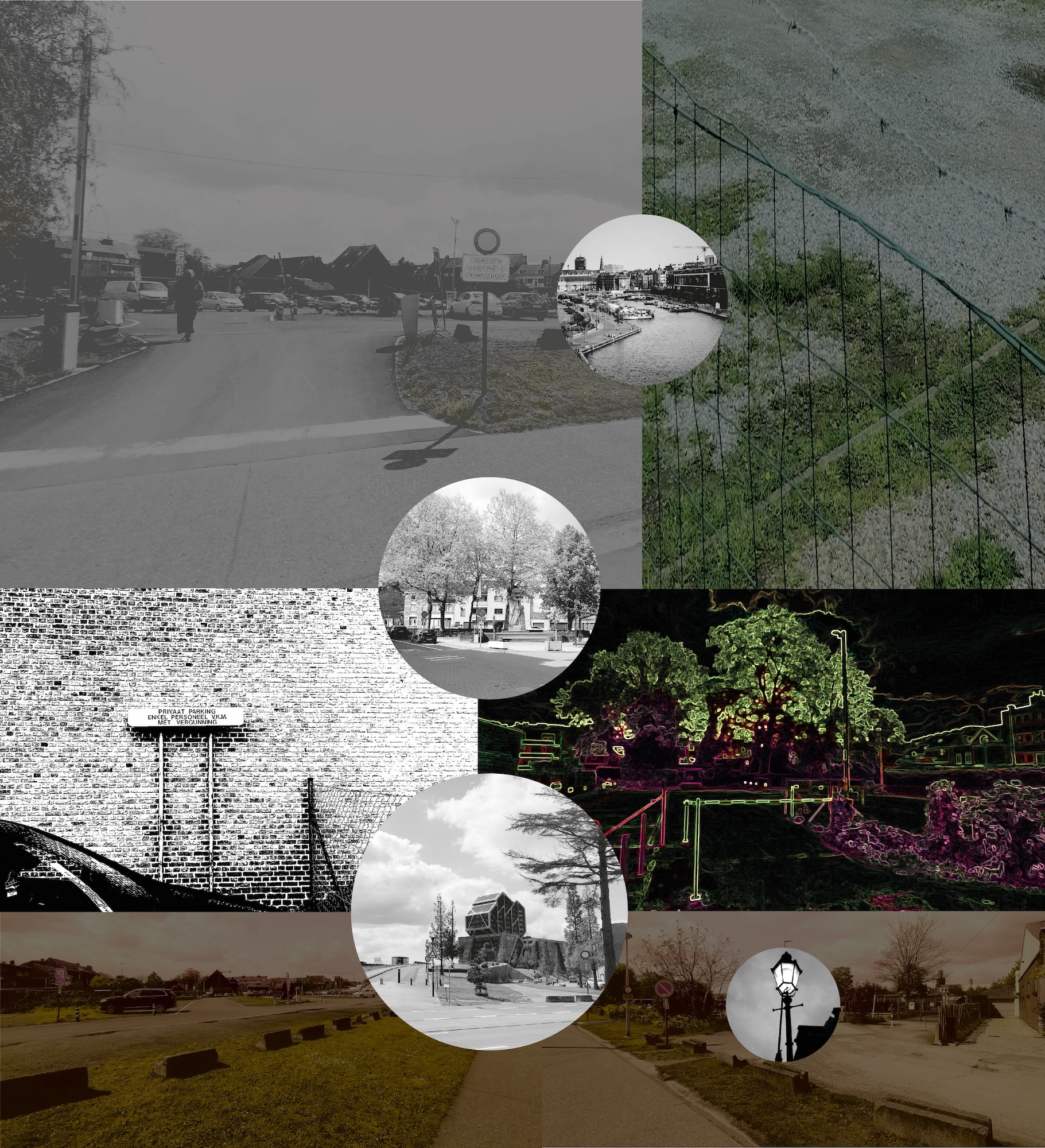 Collage of photos of pavements, car parks, roads, a canal and a large brick wall with a sign indicating private parking.