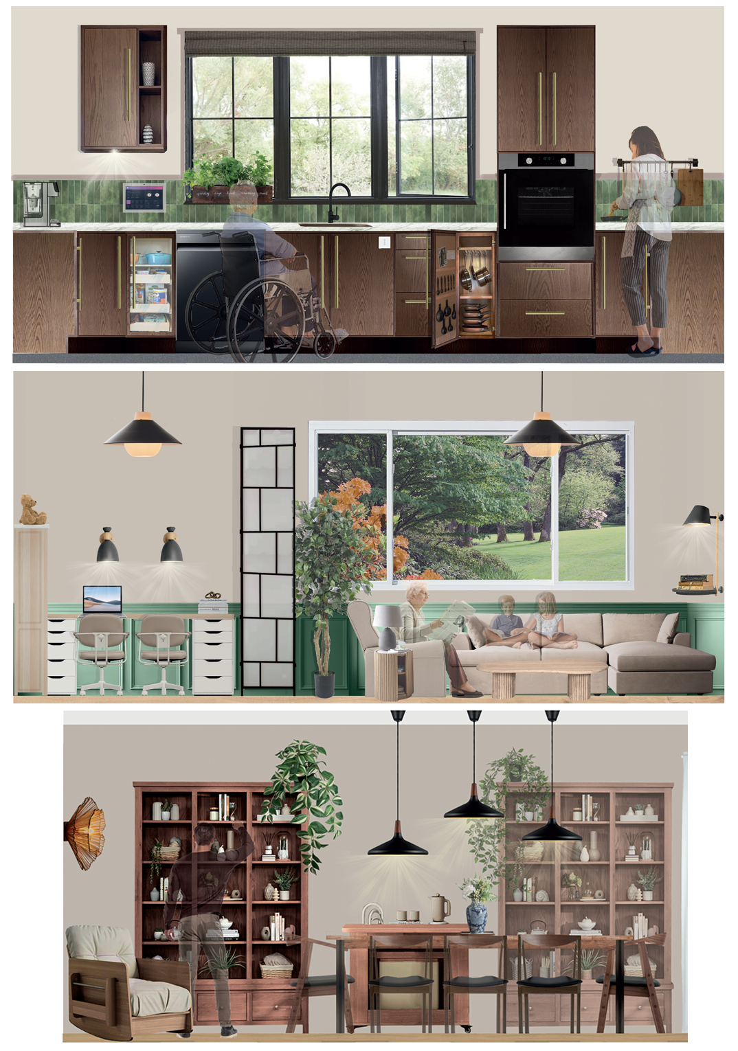 A series of three interior design concept images showing people interacting in different rooms of a house. The top image shows a kitchen, the centre image shows a living area, the bottom image shows a dining area.