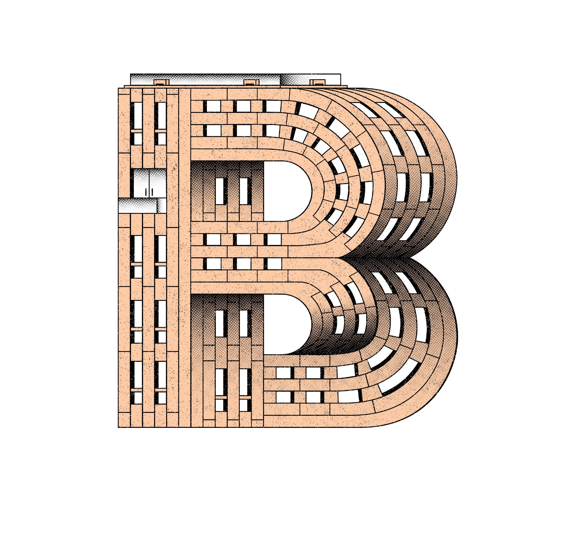the letter 'B' made up of an illustrated block of flats