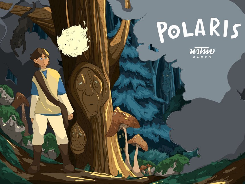 digital illustration of from a game with a person walking by a tree with faces on it