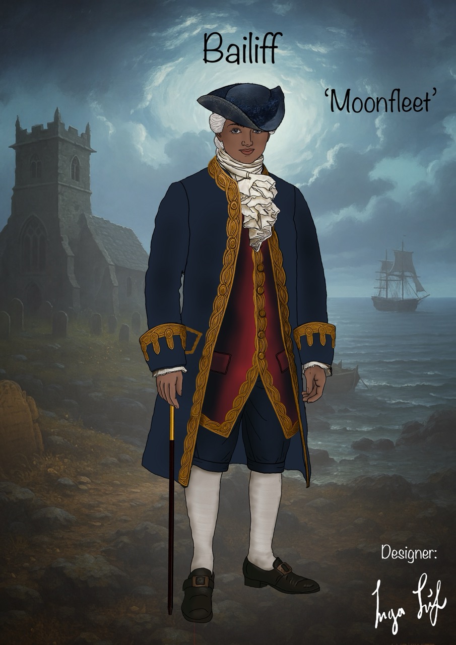 A man dressed as a bailiff stands on a rocky shore, wearing a blue and gold outfit with a white cravat. Behind him, a church and sailing ship are visible against a stormy sky, adding to the historical setting.