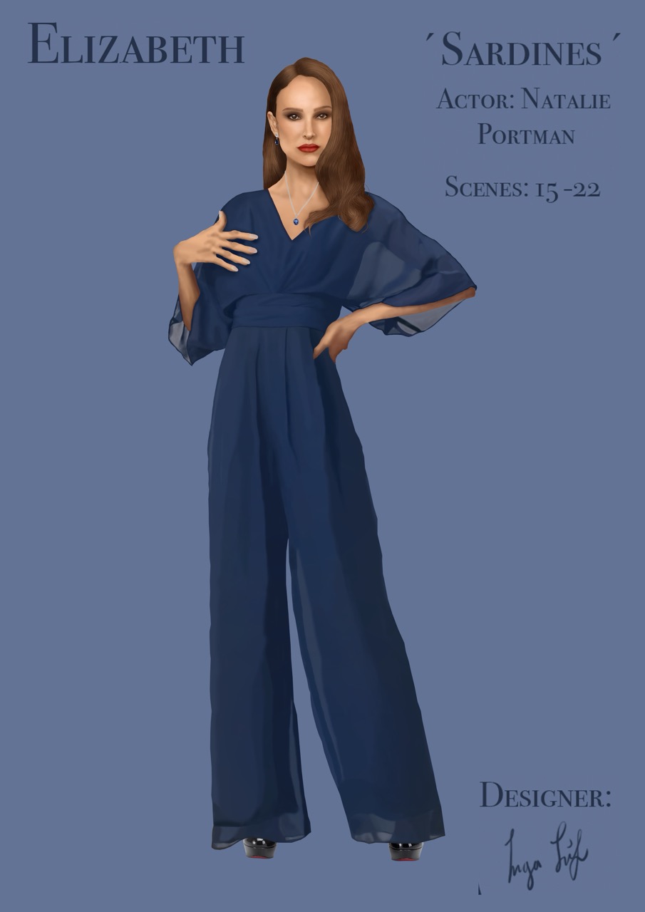 A digital illustration of a woman in a flowing navy blue jumpsuit with wide sleeves. She poses with one hand on her hip and the other raised, set against a simple blue background. Text indicates her name as Elizabeth, the actor as Natalie Portman, and includes scene details.
