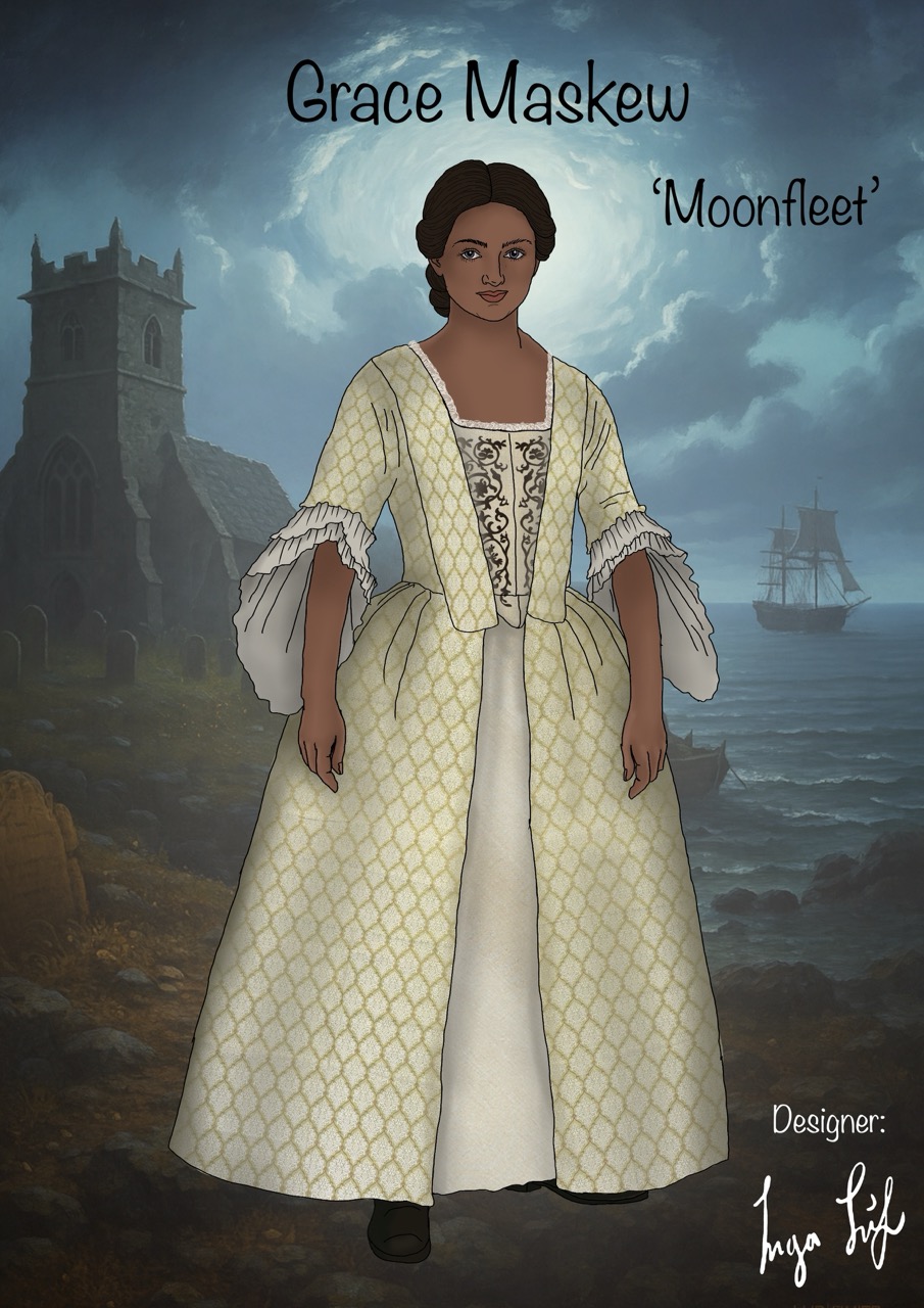 A character named Grace Maskew, portrayed in a light-coloured gown with decorative patterns and ruffled sleeves, stands in front of a scenic background featuring a church tower and a ship on the water. The design credits are given to Inga Lyf.