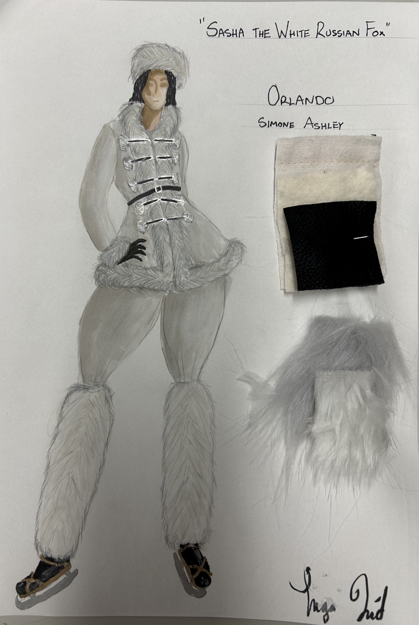 A fashion design illustration titled "Sasha The White Russian Fox" features a model wearing a stylish grey faux fur outfit with black accents. Beside the illustration are swatches of fabric, including grey and black materials, labelled "Orlando" and "Simone Ashley."