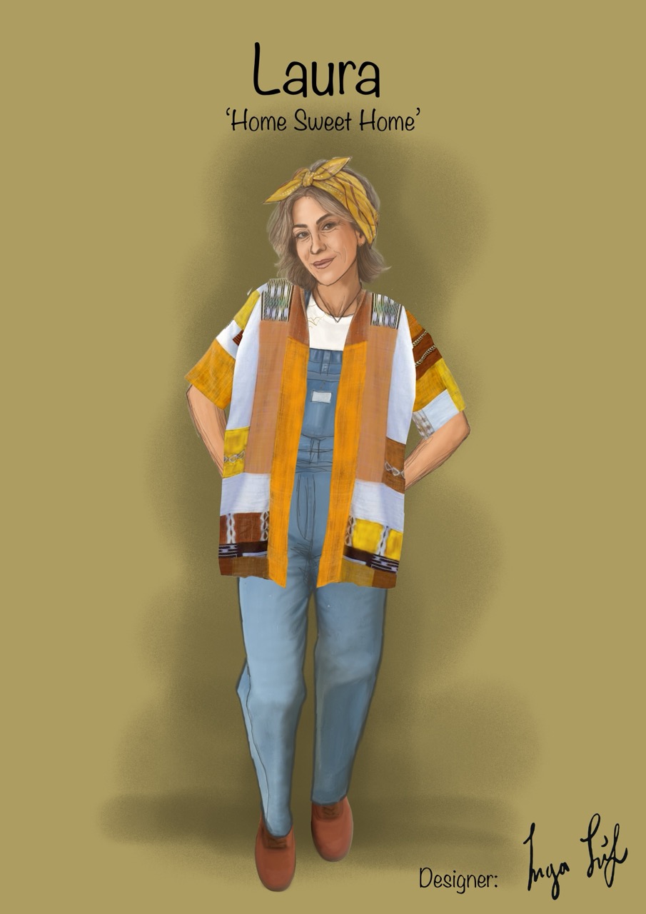 An illustration of a woman named Laura wearing a colourful oversized shirt over blue overalls. She stands confidently with her hands on her hips against a plain olive green background. The designer's name, Ingo Liefl, is noted at the bottom.